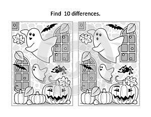 Halloween ghosts find the differences picture puzzle and coloring page photo